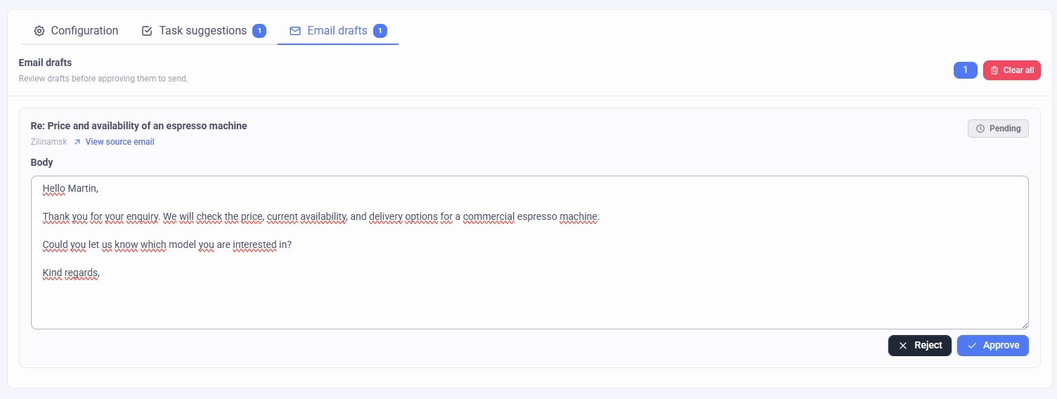 AI email draft in Konevo